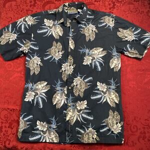 Hawaiian Button-Up Shirt Black Tropical Palm Men's Medium Big Creek Clothing Co